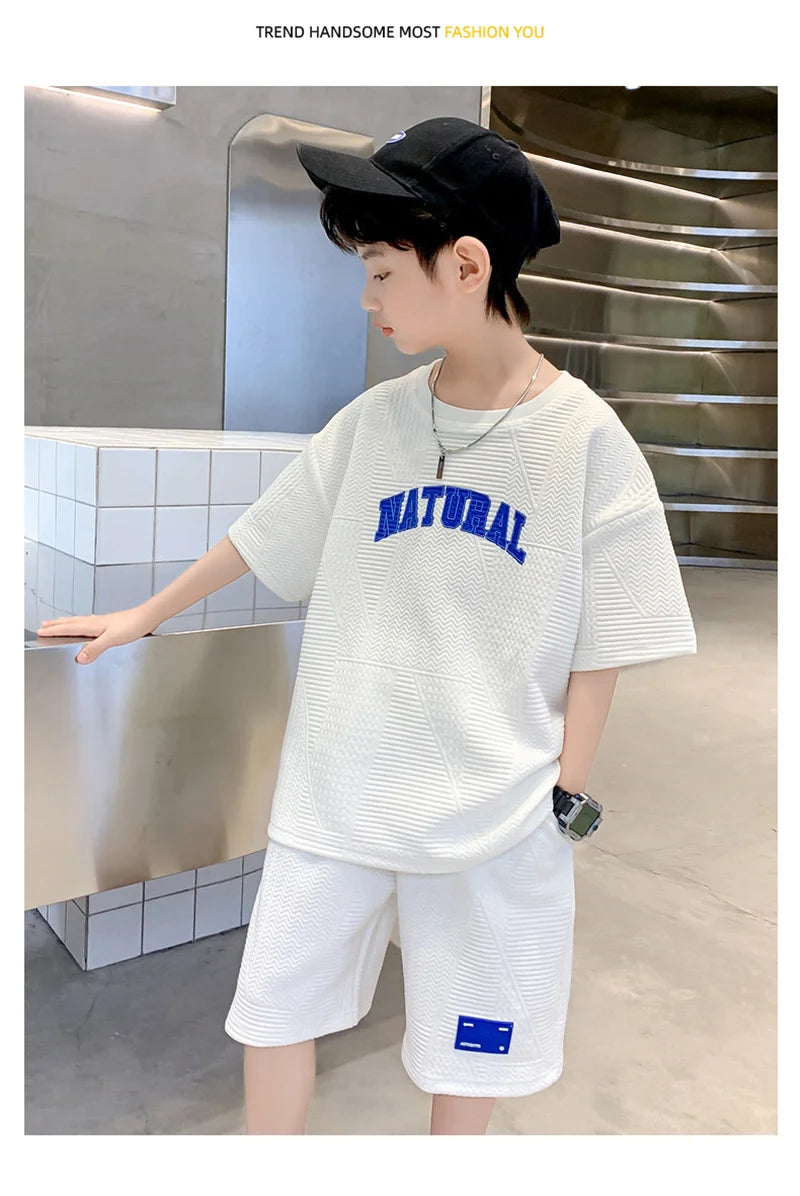 Boys Summer Casual Sets Thin Handsome T-shirt + Loose Shorts 2Pcs Kids Sportswear Loungewear Outfit Teenager Suit 5-14 Years