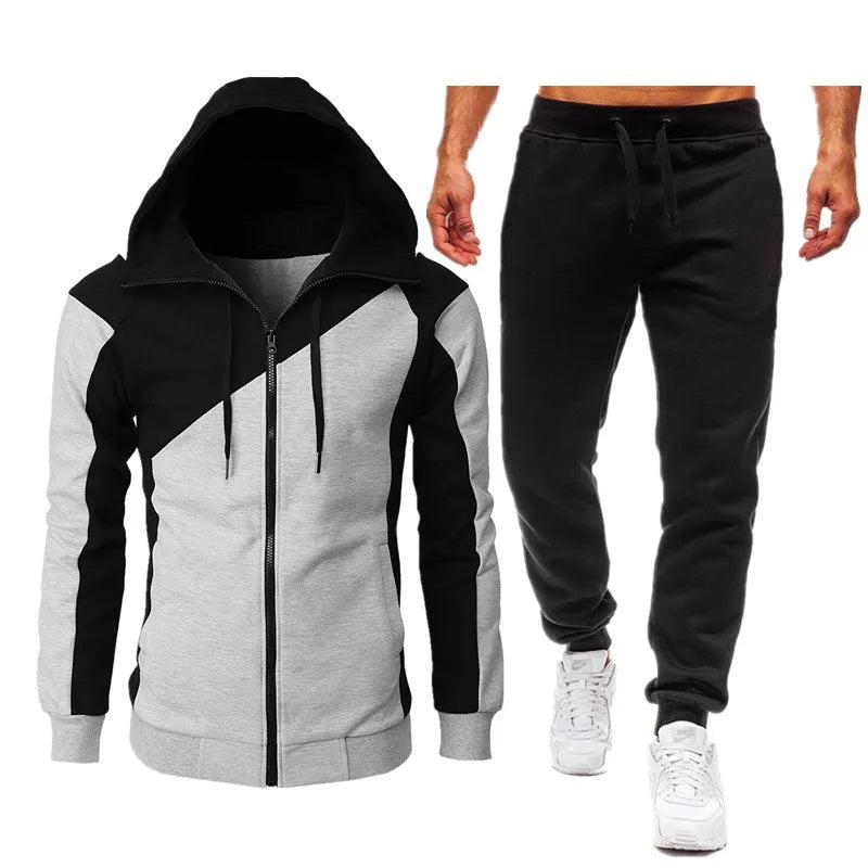 Men's Sets, Athletic two-tone patchwork jacket, long sleeves and long pants, hooded casual sports men's suit