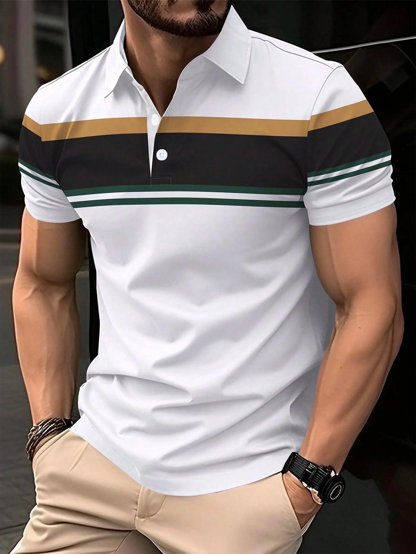 New Summer Men's Polo Shirt Button Collar Short Sleeve Pullover Casual Sports Solid Color Striped Lapel Trend Men's T Shirt