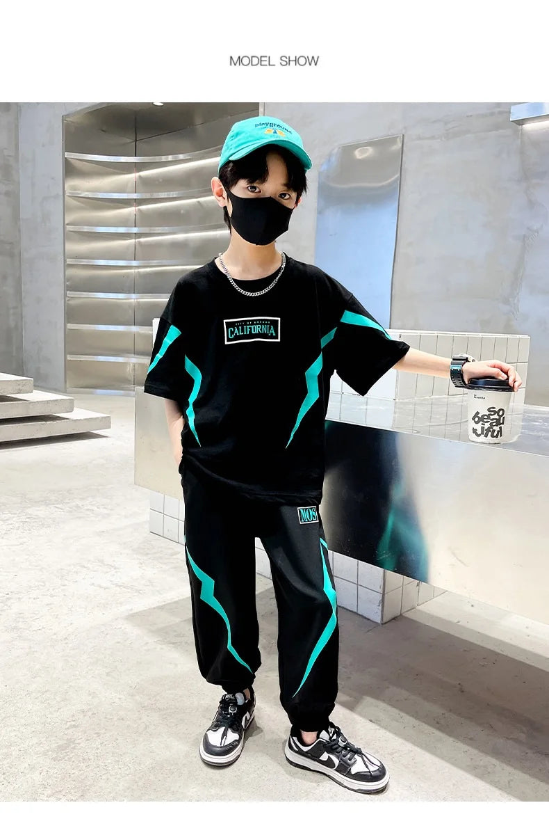 Summer Boys Cotton Alphabet Lightning T-Shirt Tops+Sweatpant School Kids 2PCS Tracksuit Child Jogger Outfit Workout Set 5-14 Yr