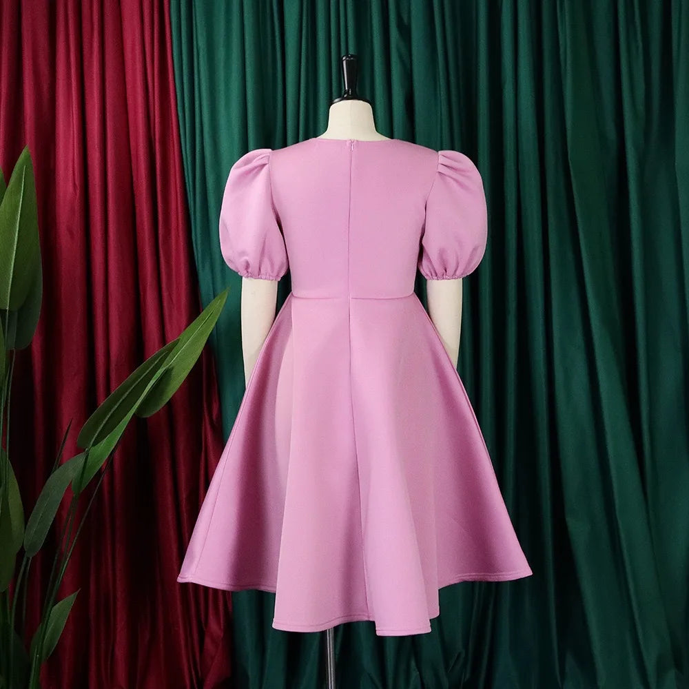 Elegant Party Dresses for Women O Neck Short Sleeve High Waisted Pleated Knee Length Fashion Ladies Birthday Dinner Vestidos Hot
