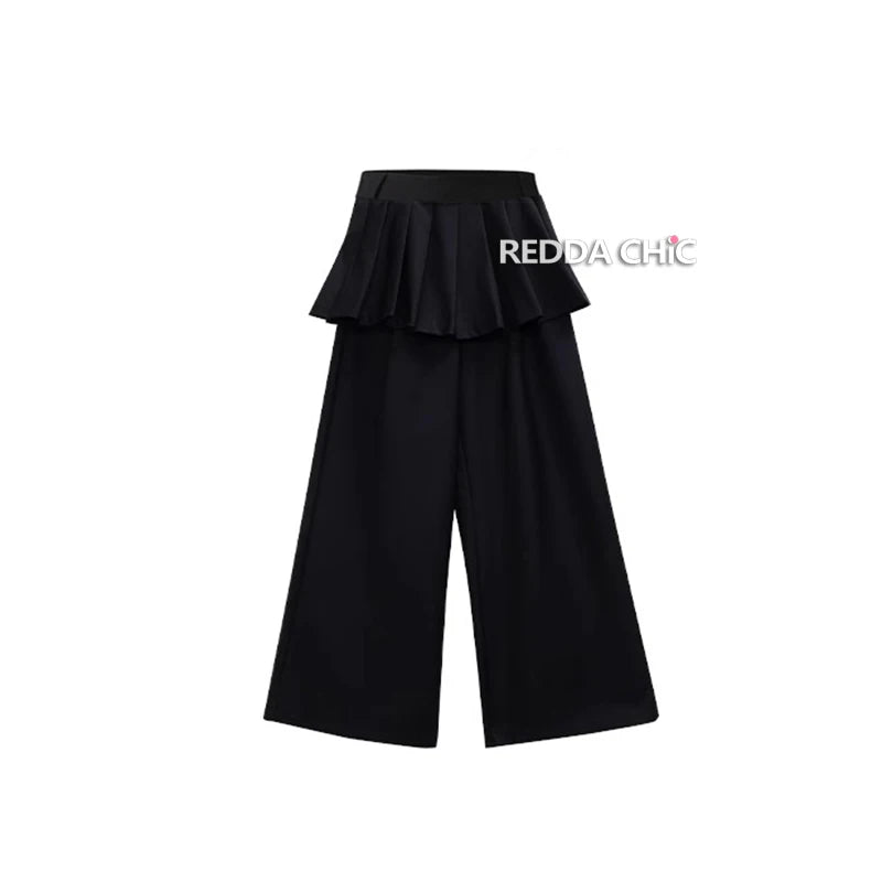REDDACHiC Women's Pleated Skirt Overlay Suit Pants Work Casual Loose Cleanfit Black Plain Wide Leg Long Trousers Formal Clothes