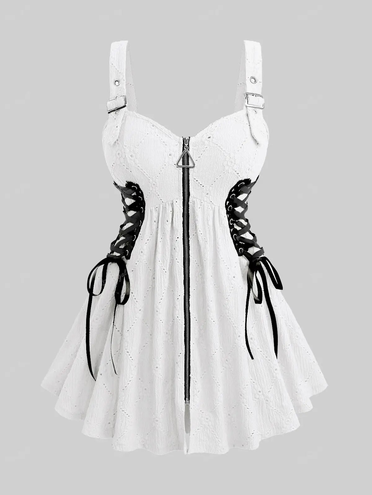 ROSEGAL Plus Size White Hollow Out Lace-Up Zipper Tank Tops Women Summer Jacquard Textured Buckle Grommet Backless Vest