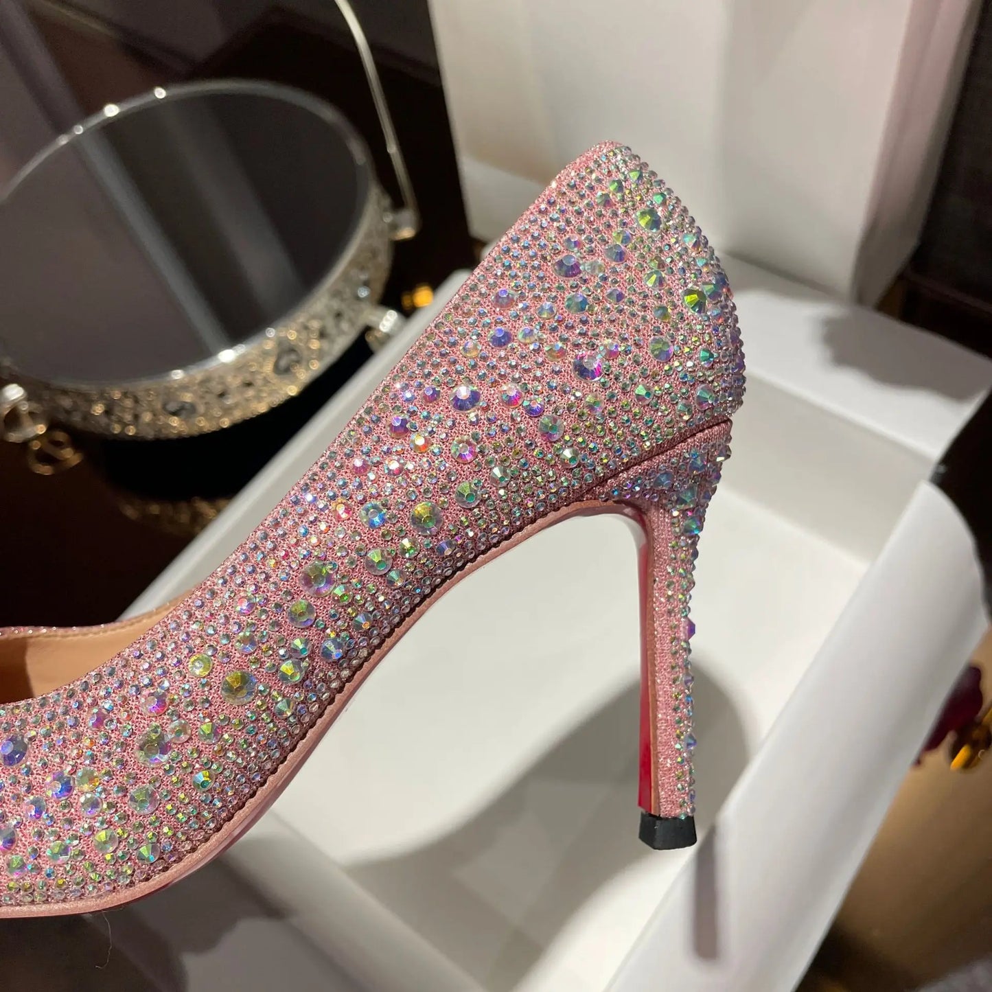 High Heels 2024 Summer New Fashion Versatile Black Rhinestone Single Shoe Red Sole Slim Heel Temperament Women's Shoes
