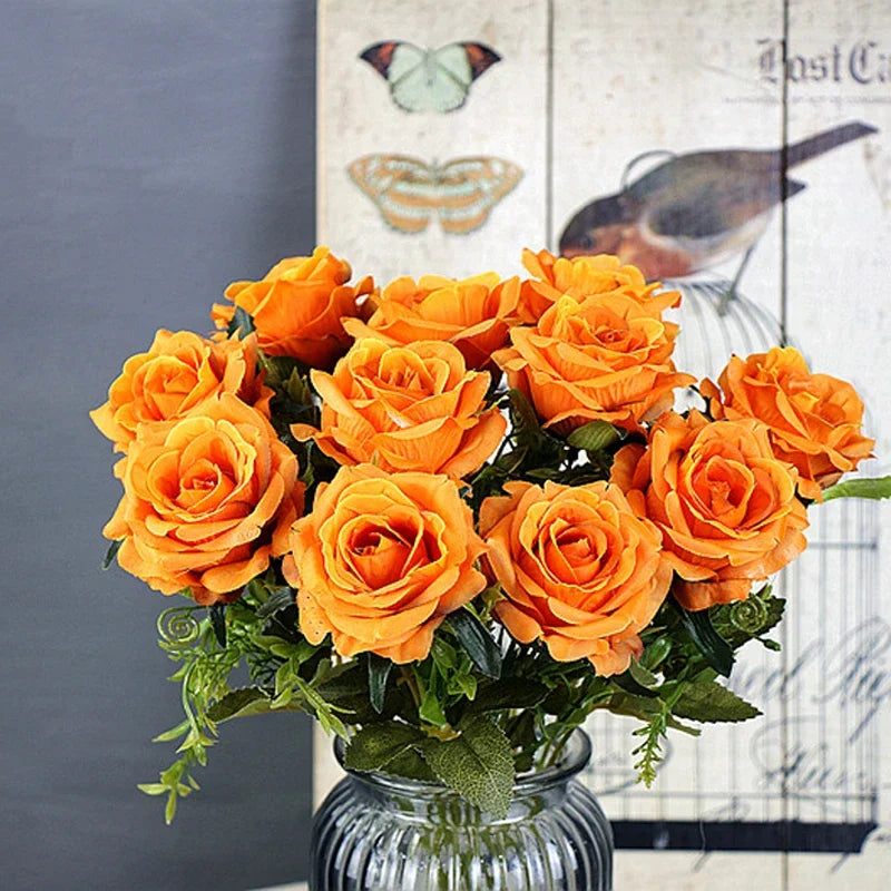 High-quality Silk Orange Rose Artificial Flowers for Wedding Decoration, Big and Realistic.