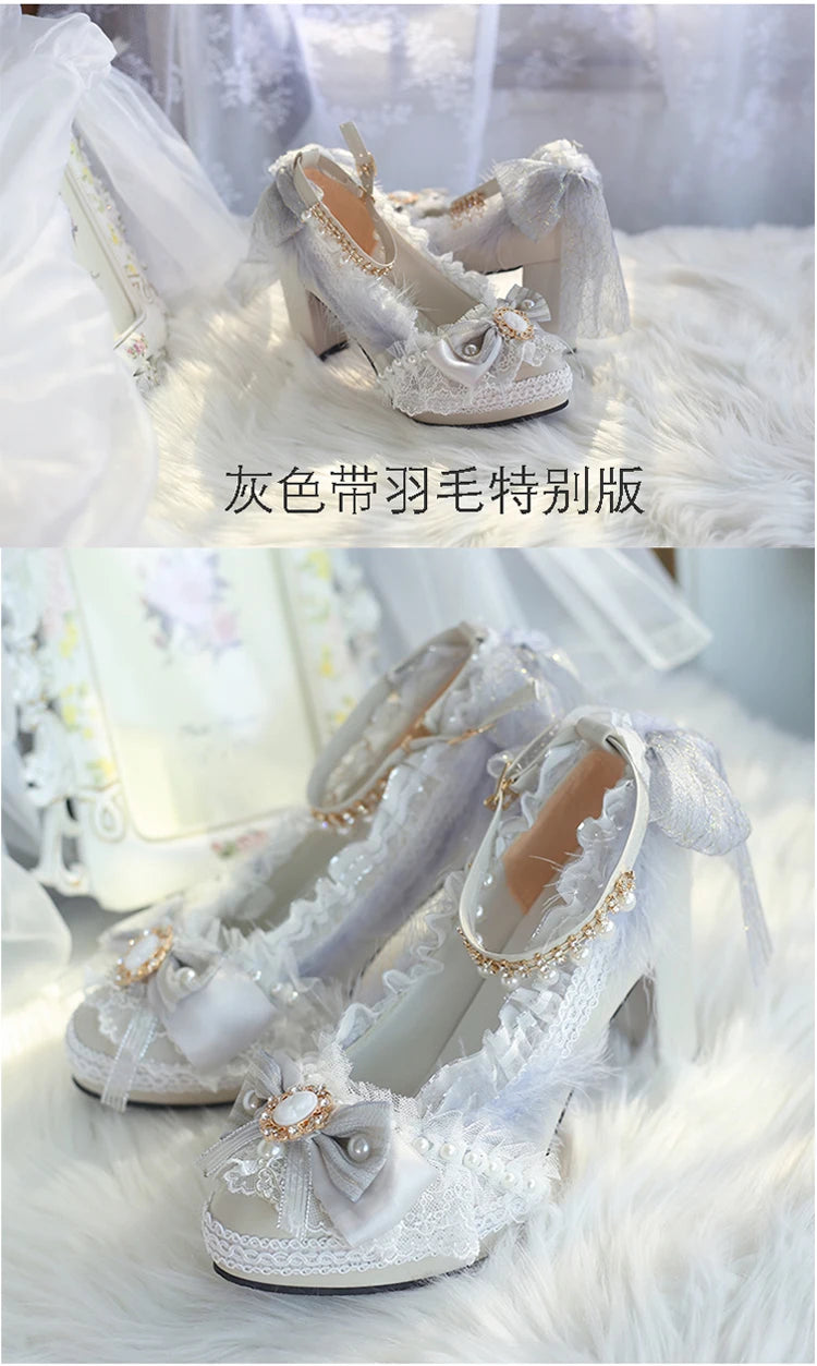 Original Handmade Lolita High Heels Heavy Industry Feather Stitching Pearl Bow Lace Platform Shoes Round Head Princess Heels