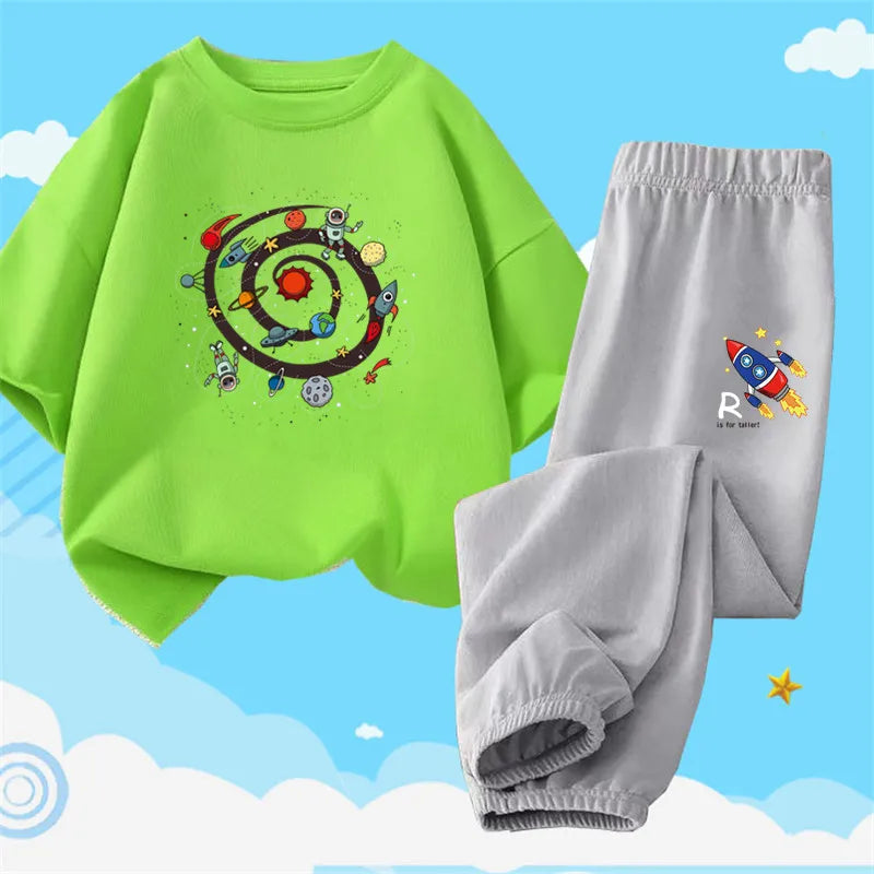 Boys Summer Clothes Set Kids Cartoon Space T shirts+Loose Harlan pants Suit 2PCS Pack Teens Sports Clothing Sets