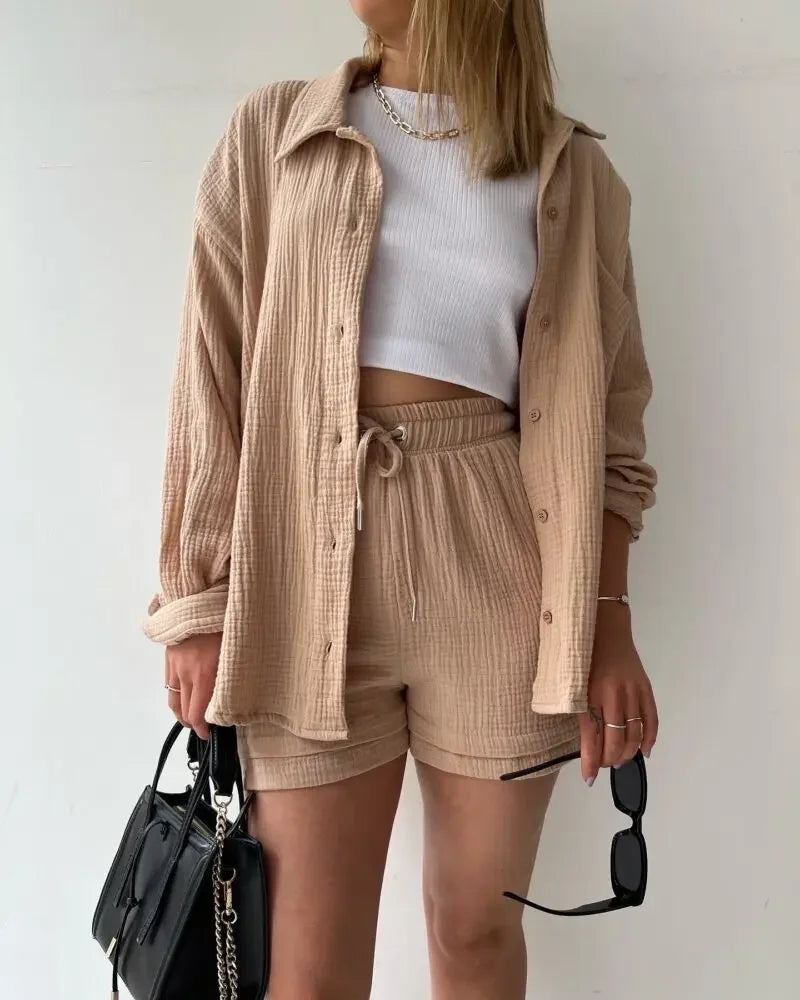 Short Sets Women Tracksuit Single Breasted Cardigan Blouses Two Pieces Shorts Loose Button High Street Solid Pockets Folds