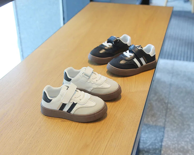 Children Spring Autumn Fashion Soft Soled German Training Shoes Boy Casual Board Shoes Girls Velcro Sneakers Striped White Shoes
