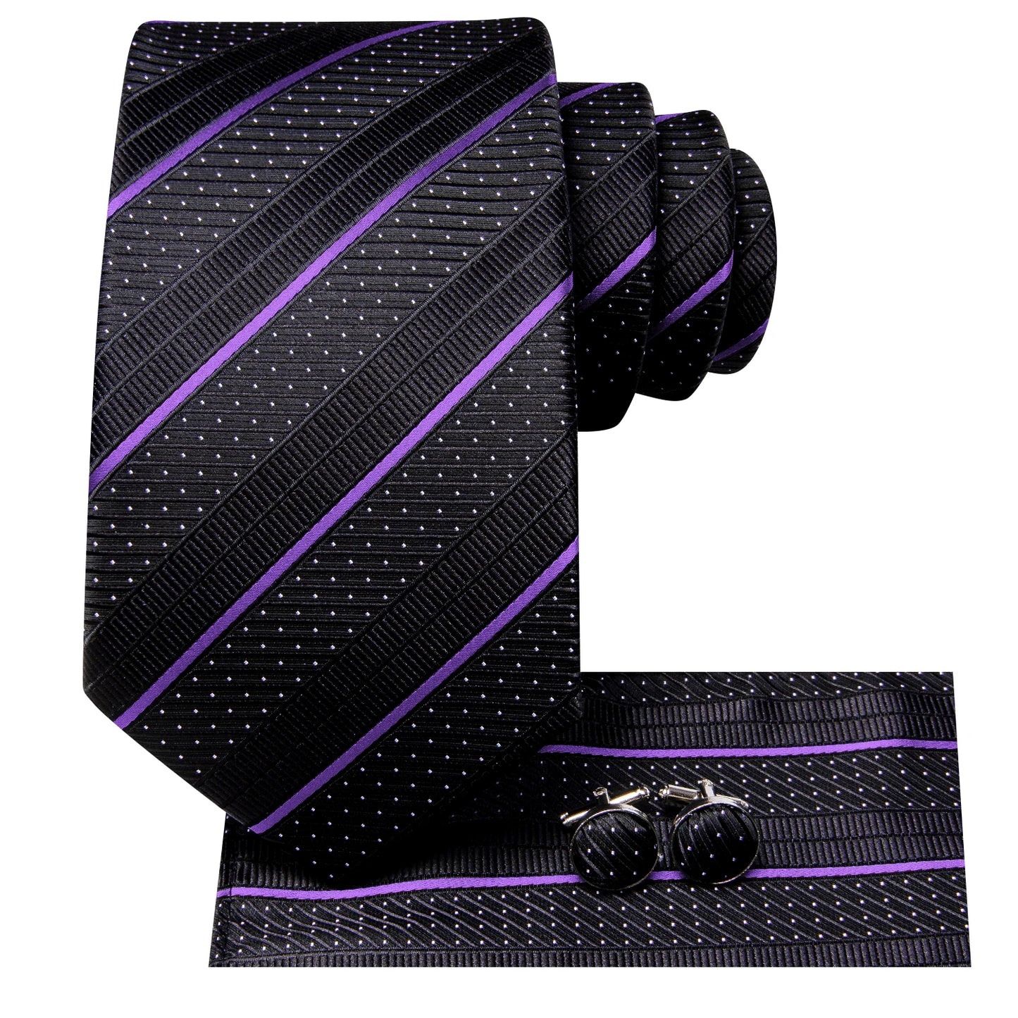 Hi-Tie Striped Black Purple Red Green Men Elegant Necktie Hanky Cufflinks for Tuxedo Fashion Classic Silk Luxury Tie for Man