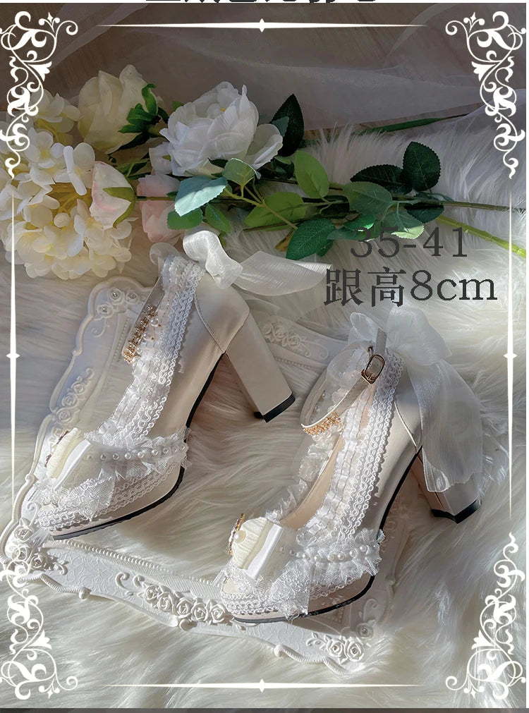 Original Handmade Lolita High Heels Heavy Industry Feather Stitching Pearl Bow Lace Platform Shoes Round Head Princess Heels