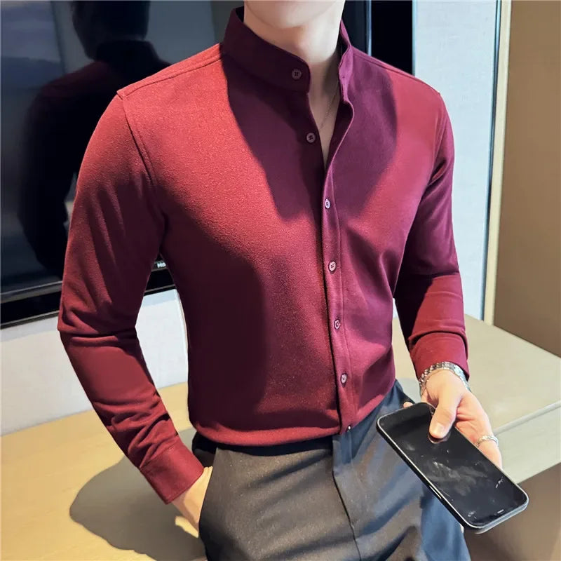 Winter Men Woolen Shirt with British Style Solid Casual Stand Up Collar Thick Warm Wool Formal Dress Shirt Fashion Men Clothing