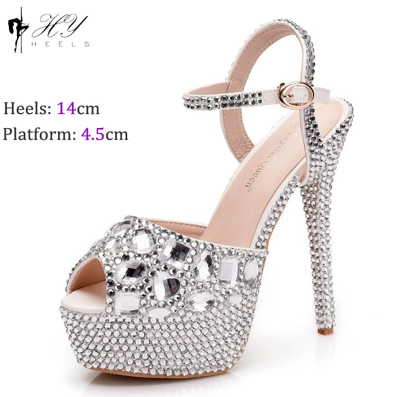 Fashion Diamond Wedding Shoes Ladies 14cm Heels Open-toed High-heeled Waterproof Platform Party Shoes Women