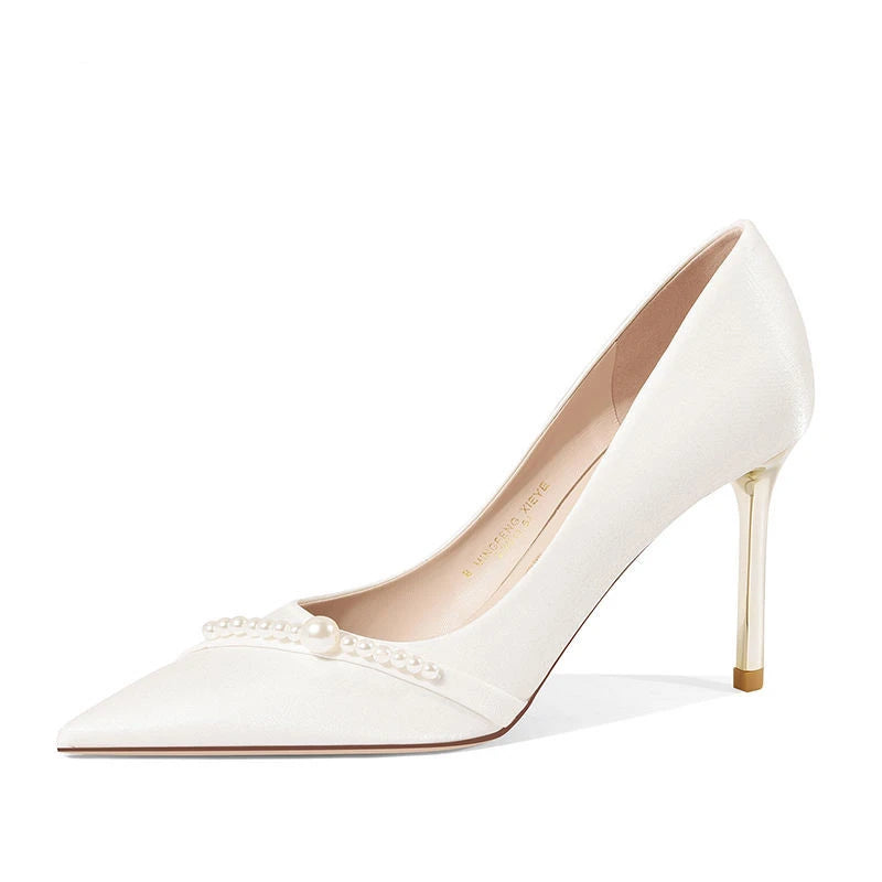 Women's Summer Footwear Bride Pumps Shoes for Woman 2024 Wedding Shoe on Heeled Pointed Toe Pearl Stilito High Heels Popular 39
