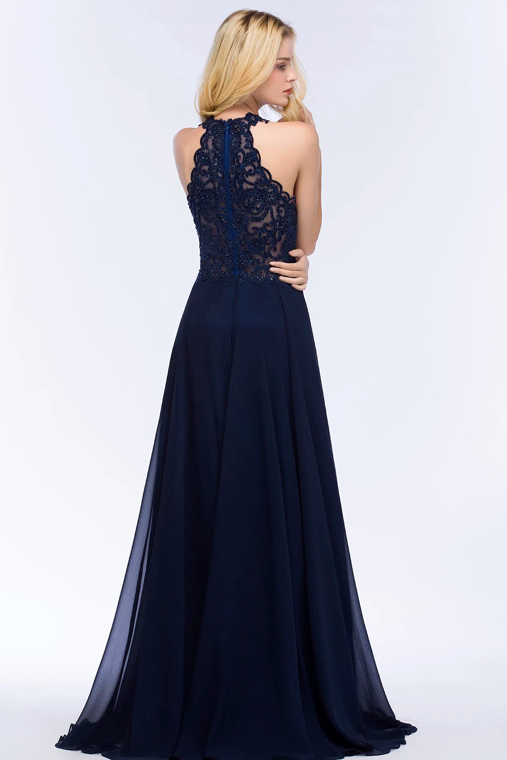 BABYONLINE Halter Neckline Lace Pearls Bodice Bridesmaid Dress Long Floor-length Skirt Chiffon Sexy Open Back Wedding Clothes