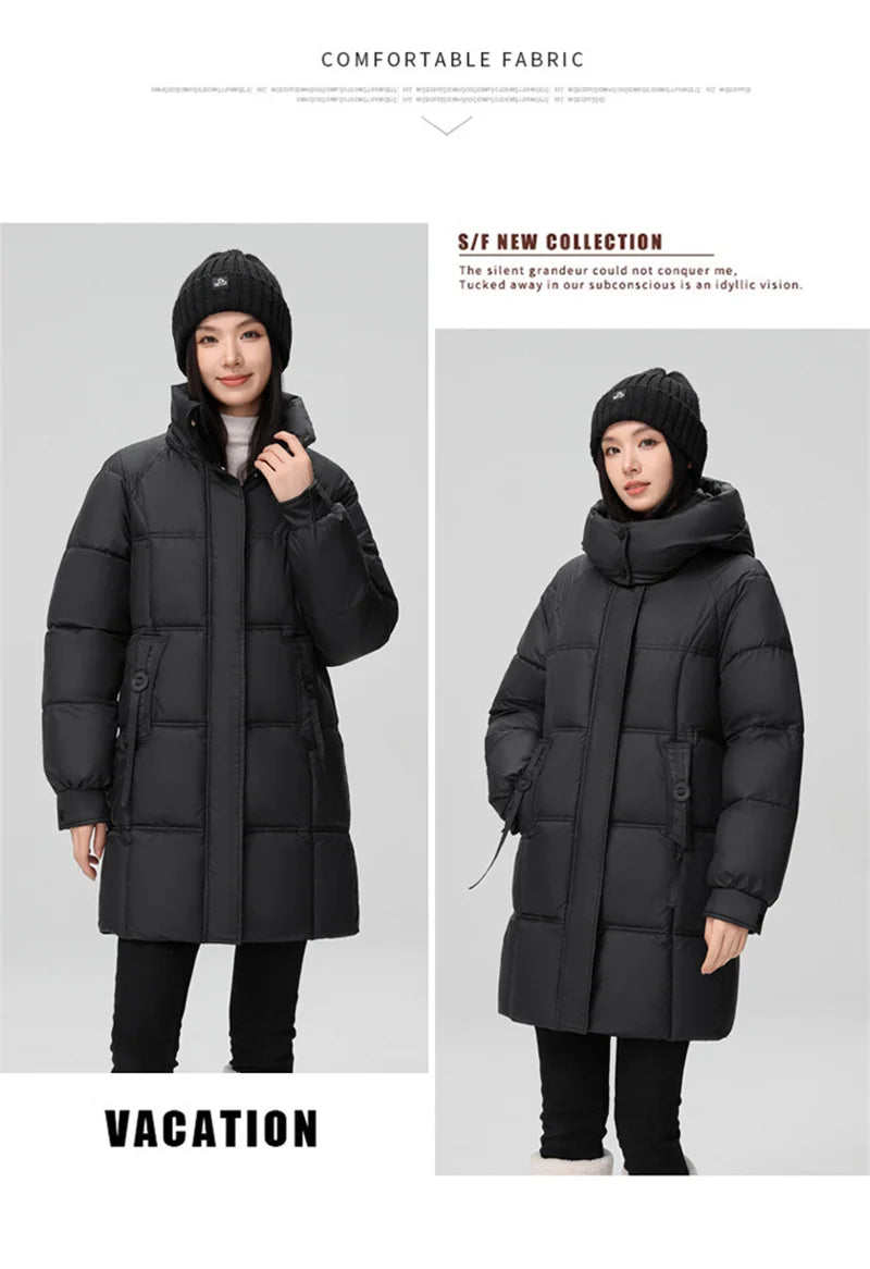 2024 New Winter Women Jacket Mid Long Hooded Parka Cotton Padded Jacket Female Parkas Loose Casual Warm Outwear Snow Wear Coats