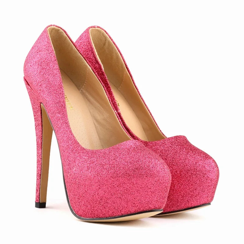 New Fashion High Platform Shallow Women Wedding Shoes Solid Sequined Cloth Round Toe Elegant High Heels Shoes Women's Size 35-42