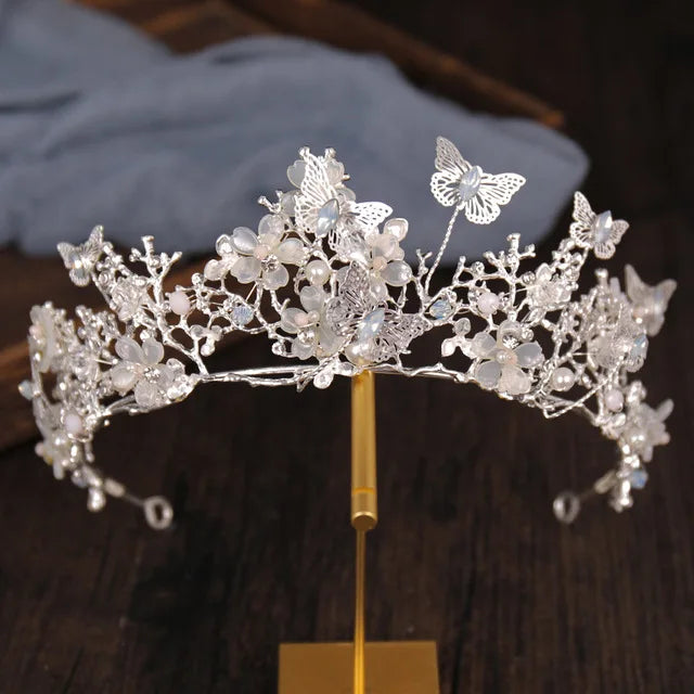 Luxury Crystal Beads Pearl Butterfly Costume Jewelry Sets Floral Rhinestone Choker Necklace Earrings Tiara Wedding Jewelry Set