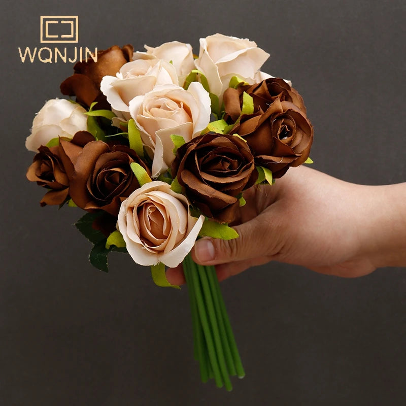 WQNJIN Artificial Flower Bouquet 12 Heads Silk Rose Blue Flower Fake Rose Bunch Wedding Party Home Table Gift Decoration