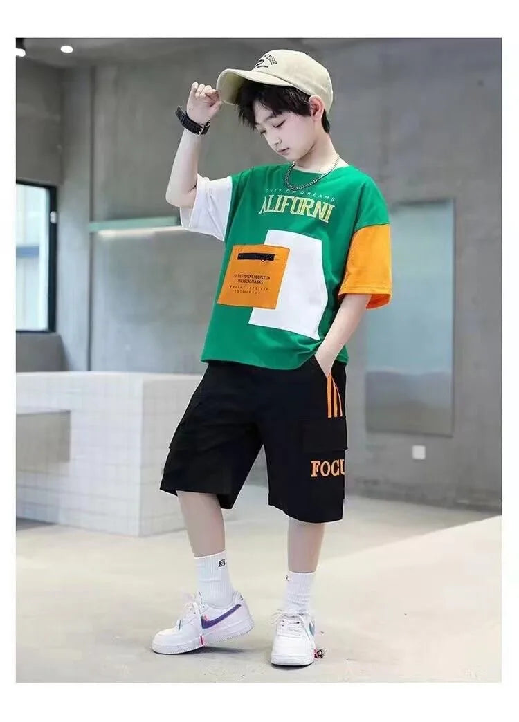 2025 summer Teenager Boys Clothes Casual Outfit Kids Tracksuit Child t shirt + shorts hot pant 4 5 6 7 8 9 10 12 11 13 14 Year