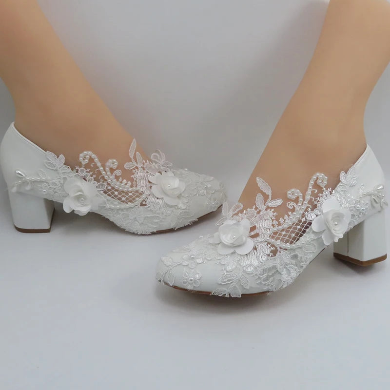 BaoYaFang White Flower Pumps New arrival womens wedding shoes Bride High heels platform shoes for woman ladies party dress shoes
