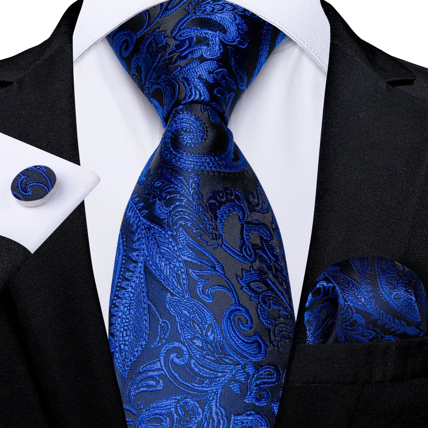 Royal Blue Paisley Plaid Striped Men tie Set with Handkerchief Cufflinks Wedding Prom Groom Accessories Perfect Gift for Men