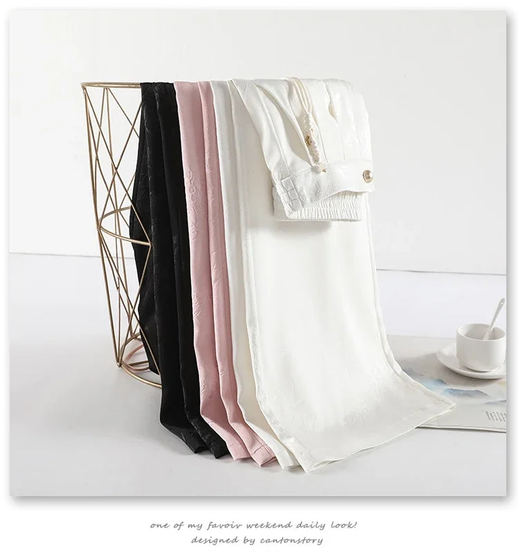 New Chinese Style Jacquard Wide Leg Satin Pants for Women Elegant Solid Office Lady Women's Casual Loose Pants Female