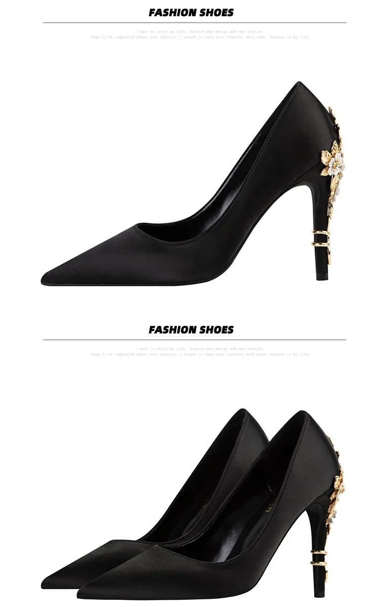 Women's Metal Flowers Stiletto High-heel Shoes Female Light Luxury Sexy Fashion Wedding Shoes Pointed Toe Satin Single Shoes