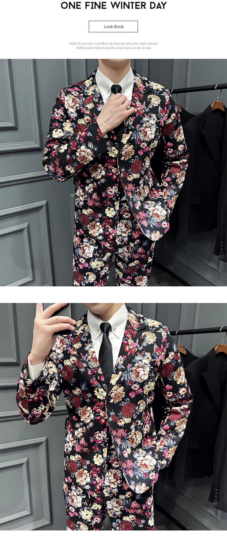 Suit (Blazer+ Pants) Men's Fashion Gentleman Slim Fit Business Outdoor Printed Gentleman Fine Cotton Wedding Work Casual Suit