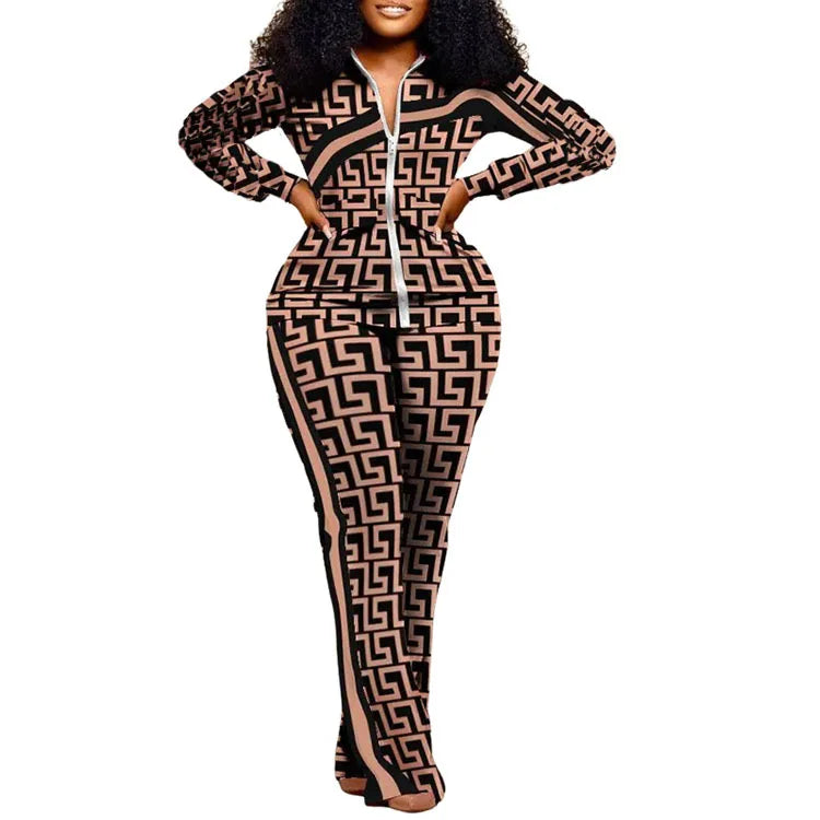 2023 Women Print Zipper Stand Collar Sheath Tops Two Piece Sets Full Sleeve Casual Long Straight Pants Set Autumn Winter