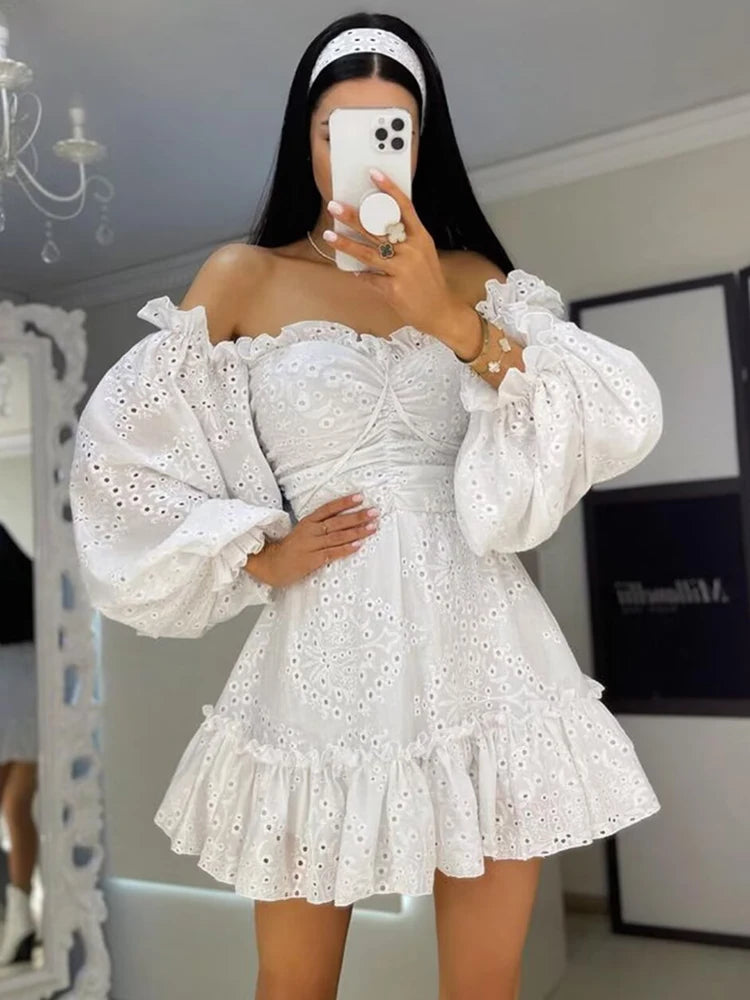 GypsyLady Off The Shoulder Sexy Mini Dresse Cotton Summer Elegant Hollow Out Ruffles Backless Women Vocation Casual Ladies Dress