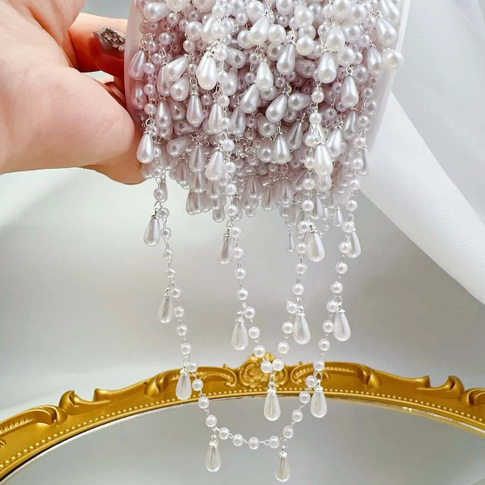 0.5M 1M Imitation Pearl Waterdrop Charm Beaded Chain Plastic White Ball Beads Copper Chains Necklace Cloth DIY Jewelry Making