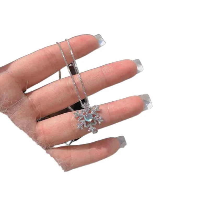 women girl famous moonstone snowflake necklace, female student chain necklace jewelry