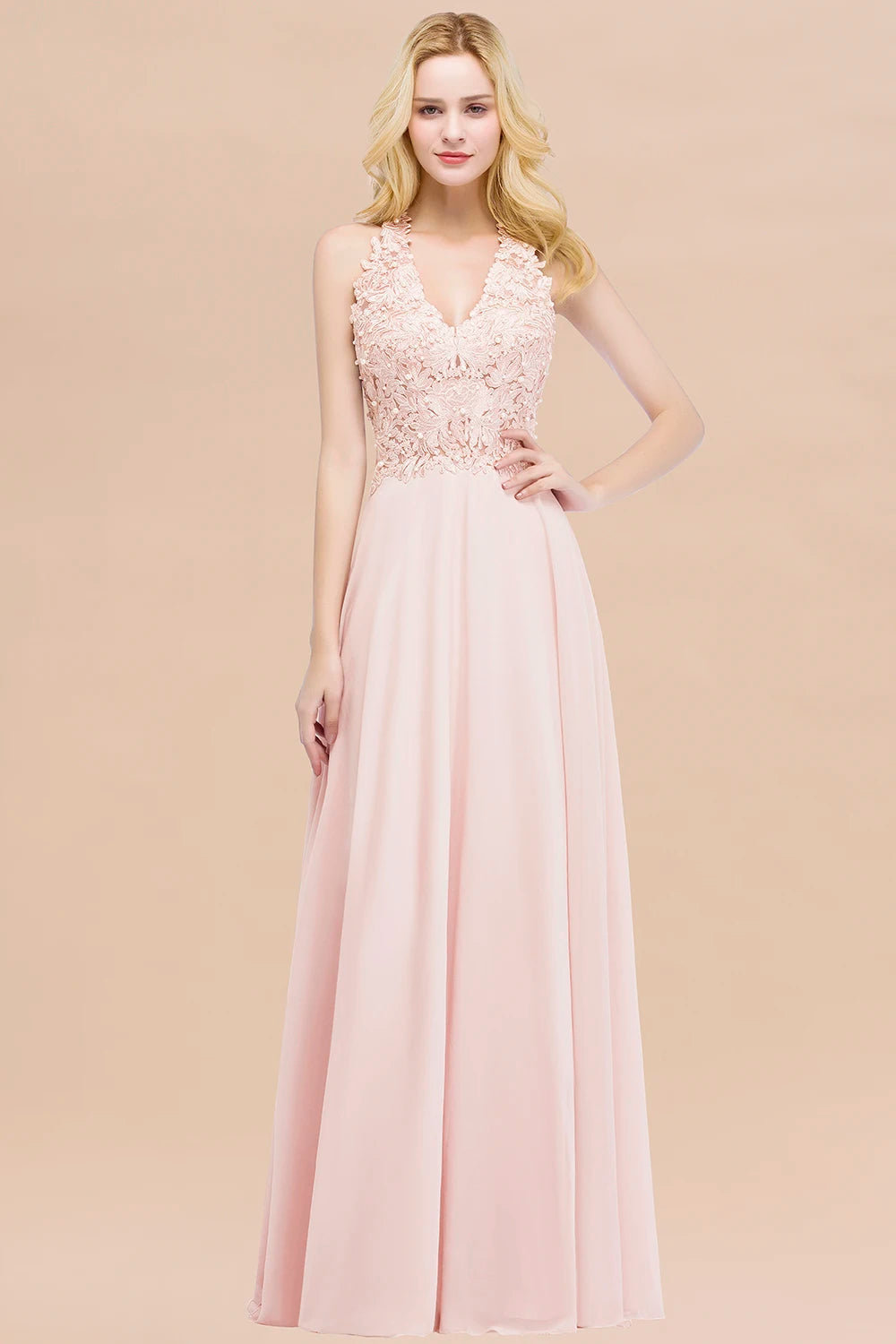 BABYONLINE Halter Neckline Lace Pearls Bodice Bridesmaid Dress Long Floor-length Skirt Chiffon Sexy Open Back Wedding Clothes