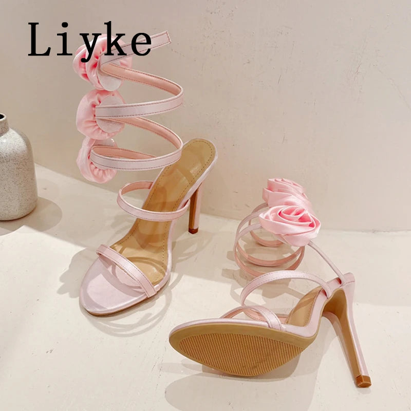 Liyke Elegant Women Wedding Banquet Shoes Fashion Silk Flowers Designer Sandals Female Open Toe Slip On Ankle Strap High Heels