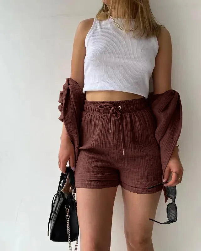 Short Sets Women Tracksuit Single Breasted Cardigan Blouses Two Pieces Shorts Loose Button High Street Solid Pockets Folds