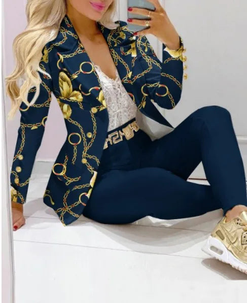 Fashion Butterfly Print Blazer Suit and Pants Two Piece Set for Women 2023 Autumn Winter Outfit Office Lady Casual Clothing