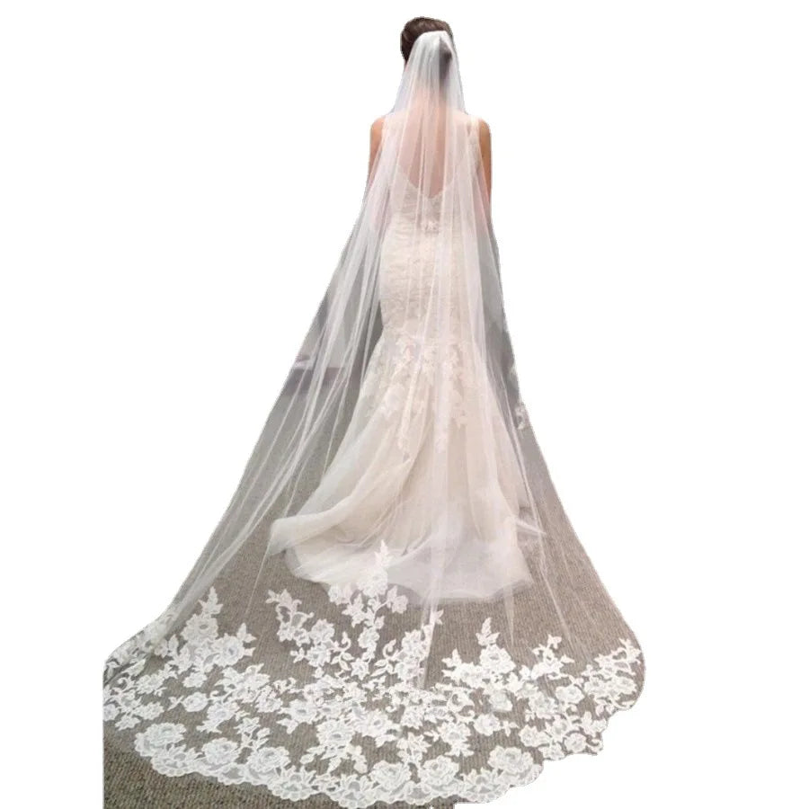 Single Layer Wedding Bridal Veil Embroidery Lace Edge Bride Supplies 3m with Comb