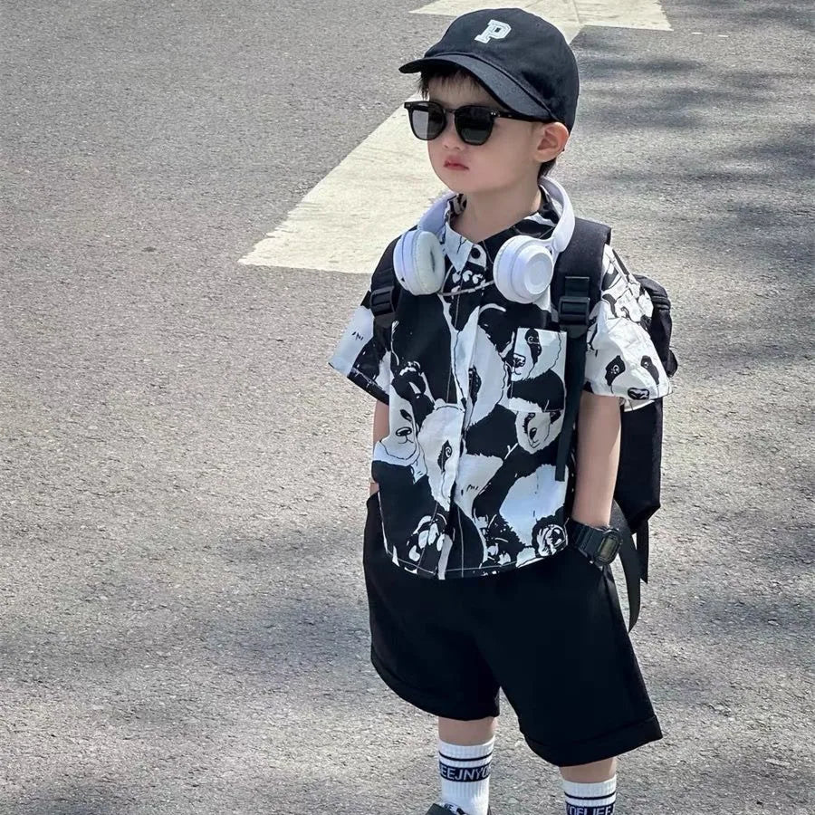 Summer fashion boys short sleeve shirt cartoon printed children turn-down collar shirt baby boy cotton Tops beach clothing