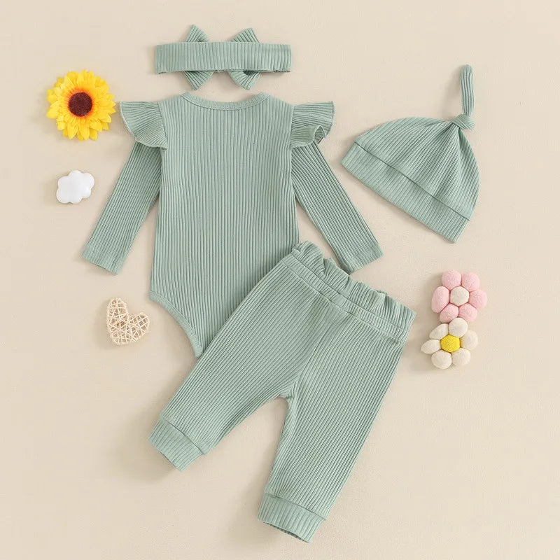 Newborn Baby Girls Autumn 4PCS Sets Long Sleeve Romper Tops Ribbed Pants Headband Hat Sets
