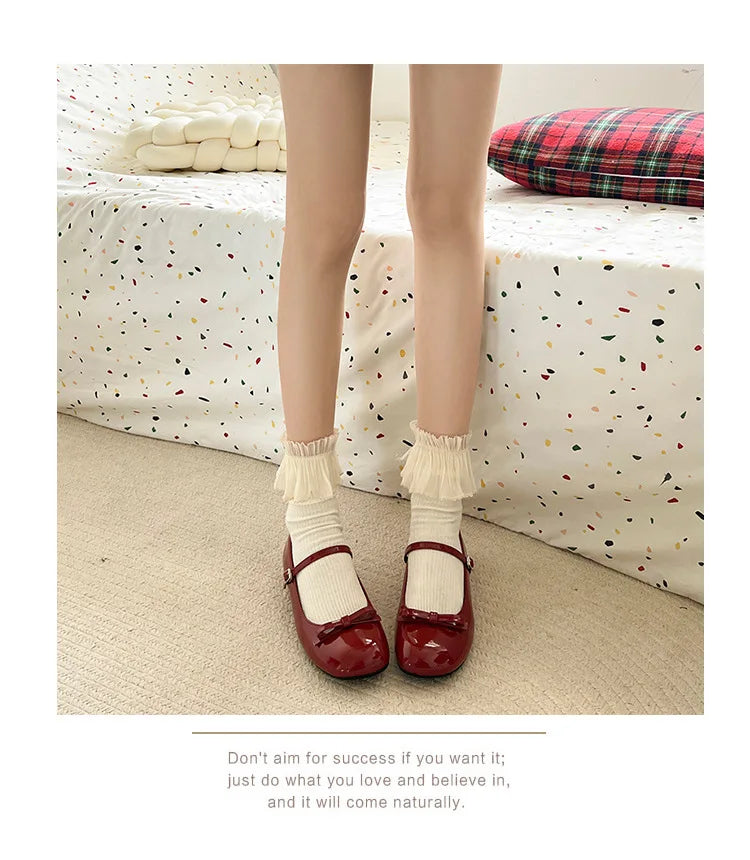 Spring Autumn Wine Red Mary Jane Shoes For Women Low Heel Fashion Butterfly-knot Roud Toe Female Eelgant Dress Leather Shoes