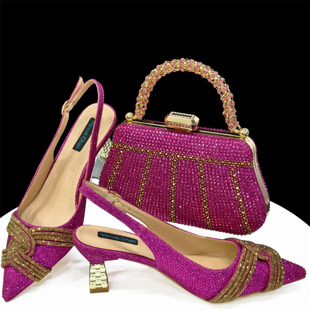 Venus Chan 2024 Special Design High Quality Orange Color African Women Shoes and Bag Set with Shinning Crystal for Wedding Party