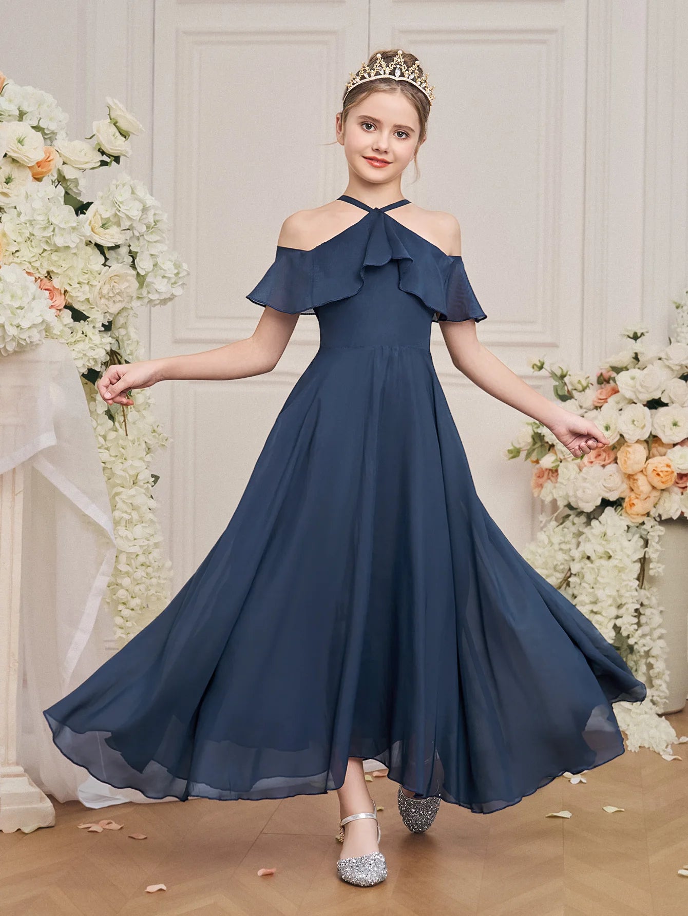 Ruffle Girls Party Bridesmaid Strap Dress off Shoulder Long Wedding Princess Prom Dresses Kids Elegant Beach Birthday Evening