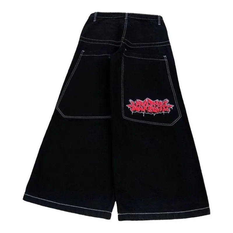HOUZHOU Y2k Oversized Black Women Jeans Vintage Wide Leg Embroidery Denim Trousers Grunge Hip Hop Style Streetwear Baggy Jeans