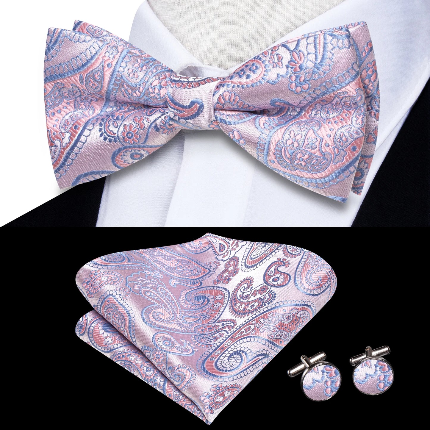 Hi-Tie Pink Dot Silk Mens Pre-tied Bow Tie Hanky Cufflink Set Dusty Pink Butterfly Knot Bowtie for Male Wedding Business