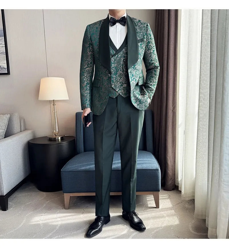 Spring 2025 Men's British Style Business Casual Three-Piece Suit Vest Trousers High-Density Jacquard Wedding Dress