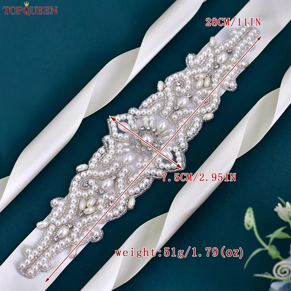 TOPQUEEN Wedding Dress Belt Luxury Full Pearl Bridal Belt Women Moroccan Decoration Satin Ribbon Belt Handmade Beaded S26A