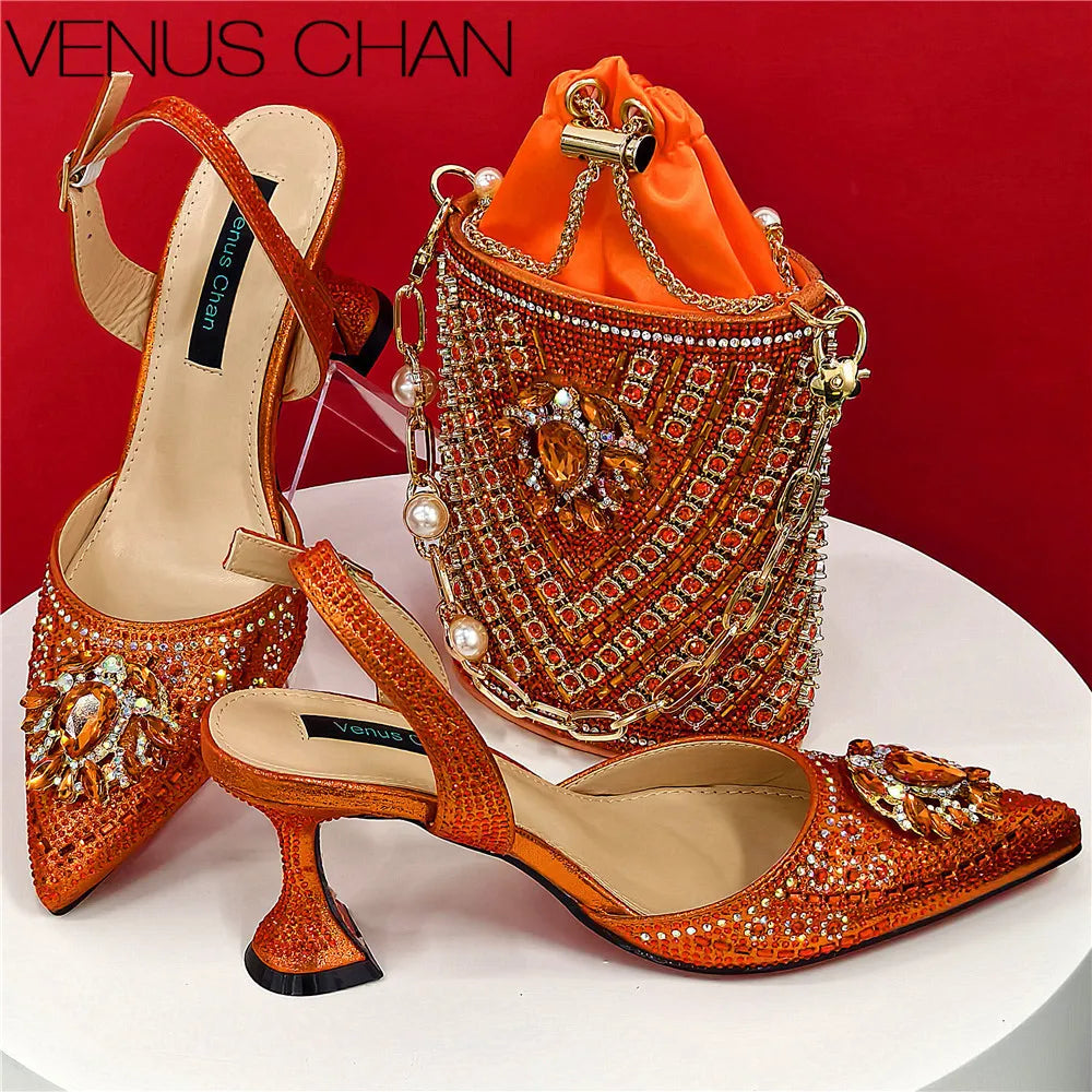 Nigerian Heel Party for Women Blue Color Shoes and Bag Set Rhinestone Handbag Italian Design Wedding INS 2025