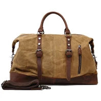 Vintage Waxed Canvas Men Luggage bag Genuine Leather Men Travel Bags Large Duffel Bags Weekend bag of trip Overnight carry on