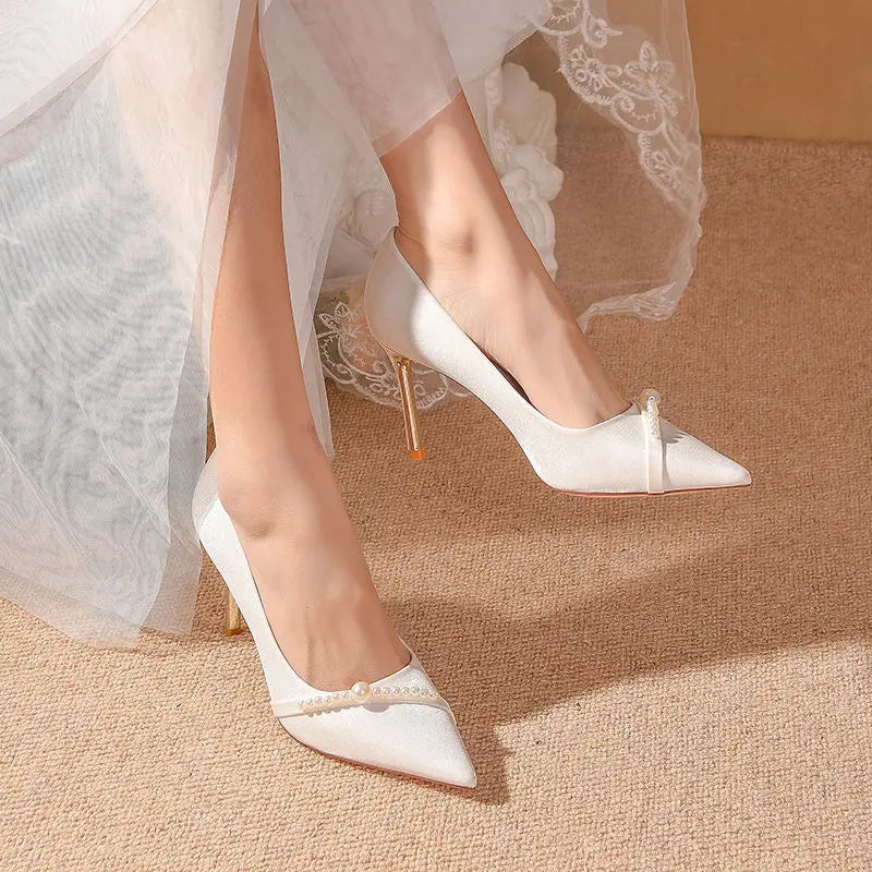 Women's Summer Footwear Bride Pumps Shoes for Woman 2024 Wedding Shoe on Heeled Pointed Toe Pearl Stilito High Heels Popular 39